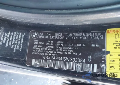 2006 BMW X3 3.0I from USA, damaged, VIN WBXPA93416WG92084